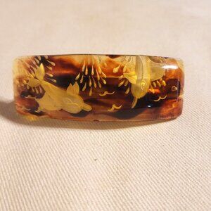 Bakelite Hair Clip Reverse Carved Dolphins Brown Amber Translucent 3 1\2"x1 1/2"